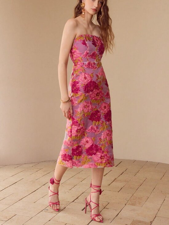 Dresses & Skirts - Pink Women's Premium Floral Jacquard Tube midi Dress